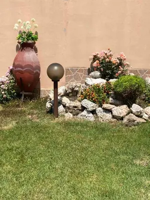 a garden with a large vase and some flowers at Стаи за гости Денкови in Burgas City