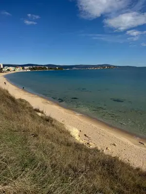a view of a beach with the ocean at Windmill Nessebar studio with sea view in Nesebar