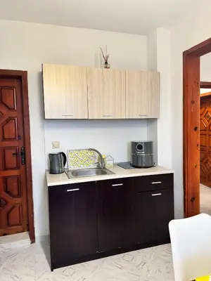 a kitchen with wooden cabinets and a sink at Villa Nikoleta in Sveti Vlas