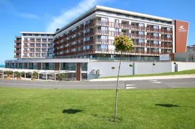 a tree in the grass in front of a building at PARADISO B 306 Sea View Apartment Nessebar in Nesebar
