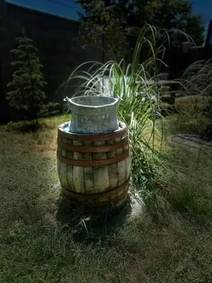 a barrel with a bucket on the grass at Боровата къща in Varna City