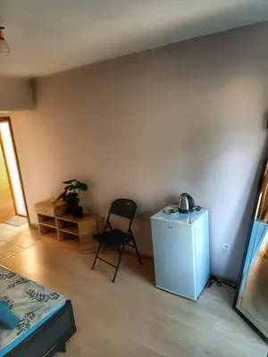 a room with a chair and a small refrigerator at Боровата къща in Varna City
