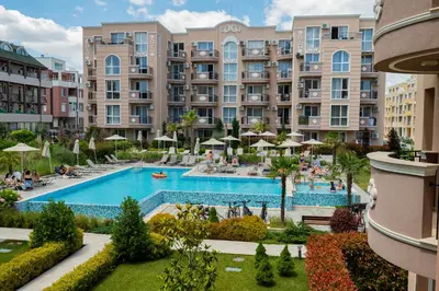 an aerial view of a resort swimming pool with buildings at Marea Garden, Ravda - Studio with Pool by Flat Mаnager in Ravda