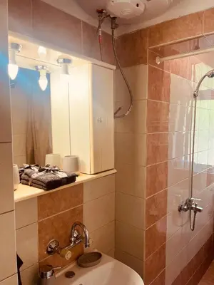 a bathroom with a sink and a shower at Detelina Apartment Bee Happy in Burgas in Burgas City