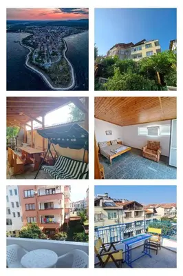 a series of four pictures of buildings and a beach at Family Hotel California in Primorsko