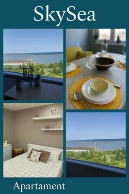 a collage of four pictures of a room with a table at Sky Sea Apartment in Burgas City