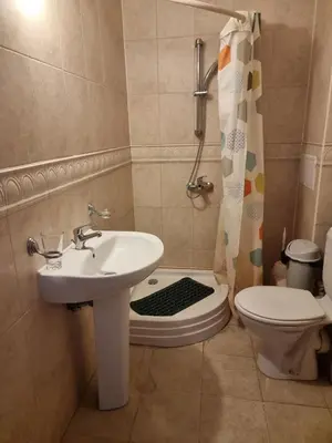 a bathroom with a sink and a toilet and a shower at Трёхкомнатная квартира in Sveti Vlas