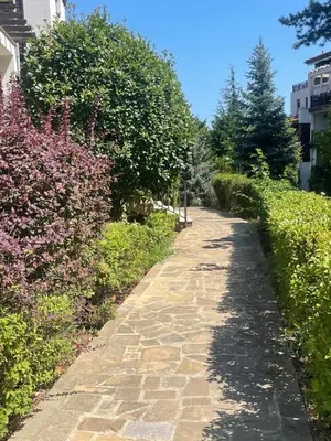 a stone path in a garden with bushes at Cozy Ground-Floor Apartment with Terrace in Sozopol