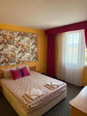 a bedroom with a bed with a painting on the wall at Хотел Модева in Chernomorets