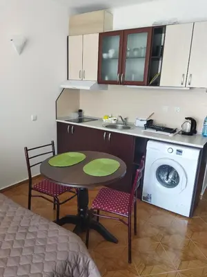 a small kitchen with a table and a washing machine at Святая Елена in Sunny Beach