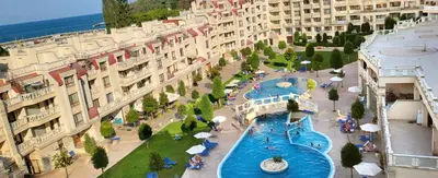 an aerial view of a resort with a swimming pool at Apartament Silvi Super View in Varna City