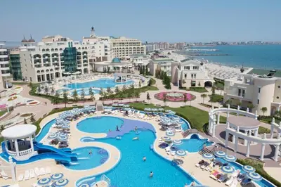 an aerial view of a pool at a resort at Сънсет резорт Поморие in Pomorie