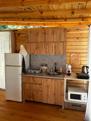 a kitchen with a white refrigerator and a sink at Каравана Рубин in Chernomorets