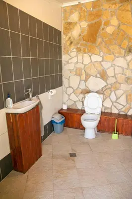 a bathroom with a sink and a toilet and a stone wall at Luxury, private pool, sauna, beach! in Banya
