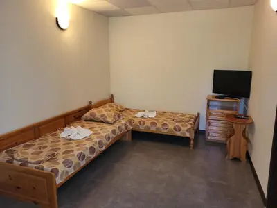 a small room with two beds and a television at Complex Exotica in Lozenets