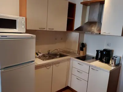 a small kitchen with a sink and a microwave at Garden of Eden - M303 Rey&Mar Apartaments in Sveti Vlas