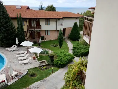 an aerial view of a resort with a swimming pool at Garden of Eden - M303 Rey&Mar Apartaments in Sveti Vlas