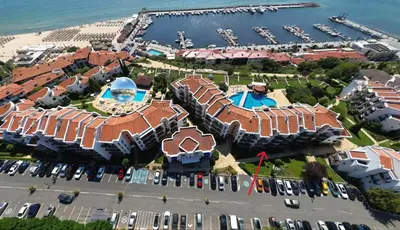 an aerial view of a resort with a marina at Sveti Vlas Marina Beach Apartment - Diamond Apart Complex in Sveti Vlas