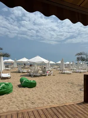 a beach with chaise lounges and umbrellas at Villa Valencja Apartments in Sunny Beach