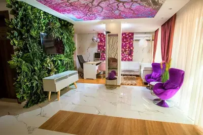 a living room with purple furniture and a green wall at Луксозно Студио Сладък Дом в Слънчев бряг in Sunny Beach