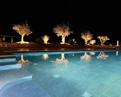a swimming pool at night with trees in the background at Valena Royal apartment in Chernomorets