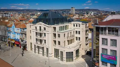 an aerial view of a building in a city at Central Luxury One Bedroom in Varna in Varna City