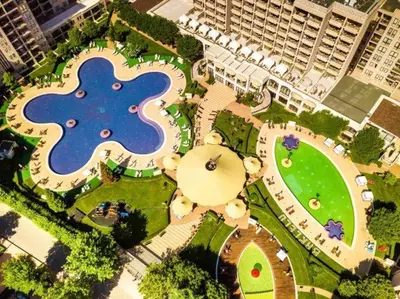 an overhead view of a large park with a pond at ROYAL BEACH HOTEL apartment SEA B in Sunny Beach