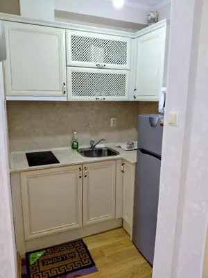 a kitchen with white cabinets and a sink and a refrigerator at Izida Palace Garden SPA Oasis in Bŭnzareto