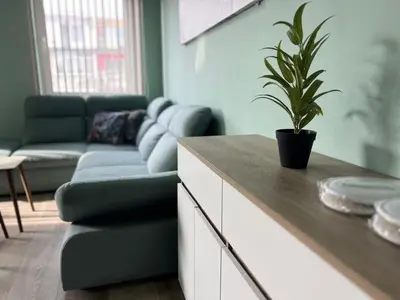 a living room with a couch and a potted plant at NJ Collection in Varna City