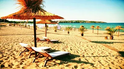 a beach with chairs and a straw umbrella and the ocean at Harmony Suites-2 Private Apartment 404 in Sunny Beach