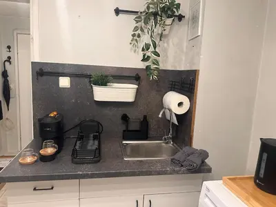 a kitchen counter with a sink and a roll of paper towels at Top Center Apartment in Varna City