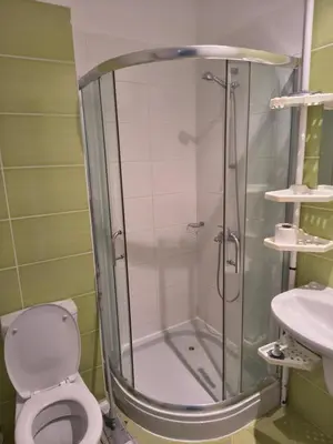 a bathroom with a shower with a toilet and a sink at Sunny sea apartment - 100 meters from the sea in Chernomorets