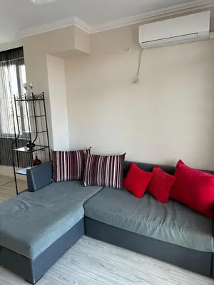 a gray couch with red pillows in a living room at 