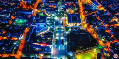 an aerial view of a city at night at Super Central Luxury Apartments in Burgas City