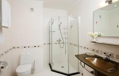 a bathroom with a shower and a sink and a toilet at Calypso Hotel - All Inclusive in Sunny Beach