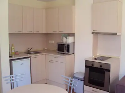 a small kitchen with a sink and a microwave at Green Fort Noks Apartments in Sunny Beach