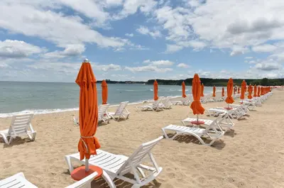 a row of chairs and umbrellas on a beach at Les Magnolias Hotel in Primorsko