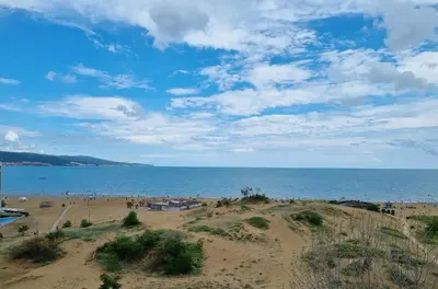a beach with people on the sand and the ocean at Hotel Fenix - All Inclusive in Sunny Beach