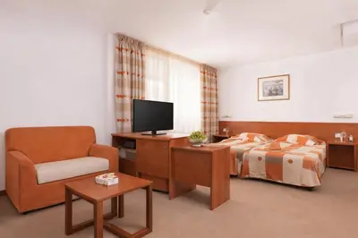a hotel room with a bed and a tv and a chair at Hotel Fenix - All Inclusive in Sunny Beach