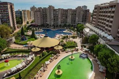 an aerial view of a resort with a pool at Menada Apartments in Royal Beach in Sunny Beach