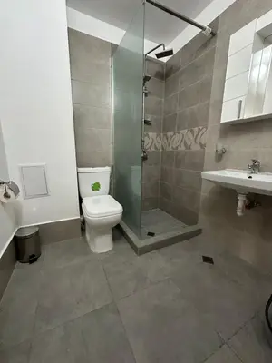 a bathroom with a toilet and a shower and a sink at Complex Sands Holiday Apartments in Sunny Beach