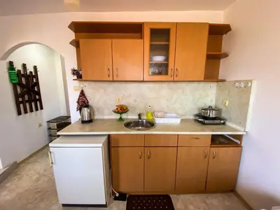 a small kitchen with wooden cabinets and a sink at Apartments Yana in Obzor