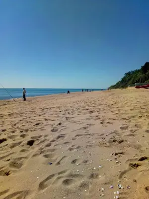 a person standing on a beach with a kite at Lozyata Guest House in Obzor