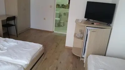 a bedroom with a bed and a flat screen tv at The Sea Lions Guest House in Tsarevo