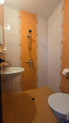 a bathroom with a shower and a sink and a toilet at Estreya in Tsarevo