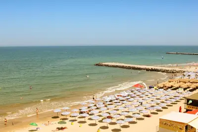 a beach with lots of umbrellas and the ocean at Beach Apartment MELINA in Pomorie