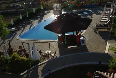 an overhead view of a pool with a water park at Apartments Resort BG in Primorsko