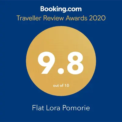 a yellow circle with the number eight and the text travelling review awards at Flat Lora Pomorie in Pomorie