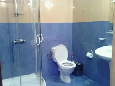 a bathroom with a toilet and a shower and a sink at Complex Oazis in Ravda