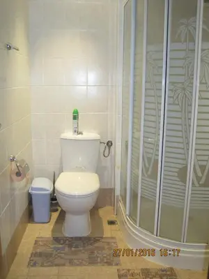 a bathroom with a toilet and a shower at Apartment on the sea at St Nikolas Complex-Veronika in Chernomorets